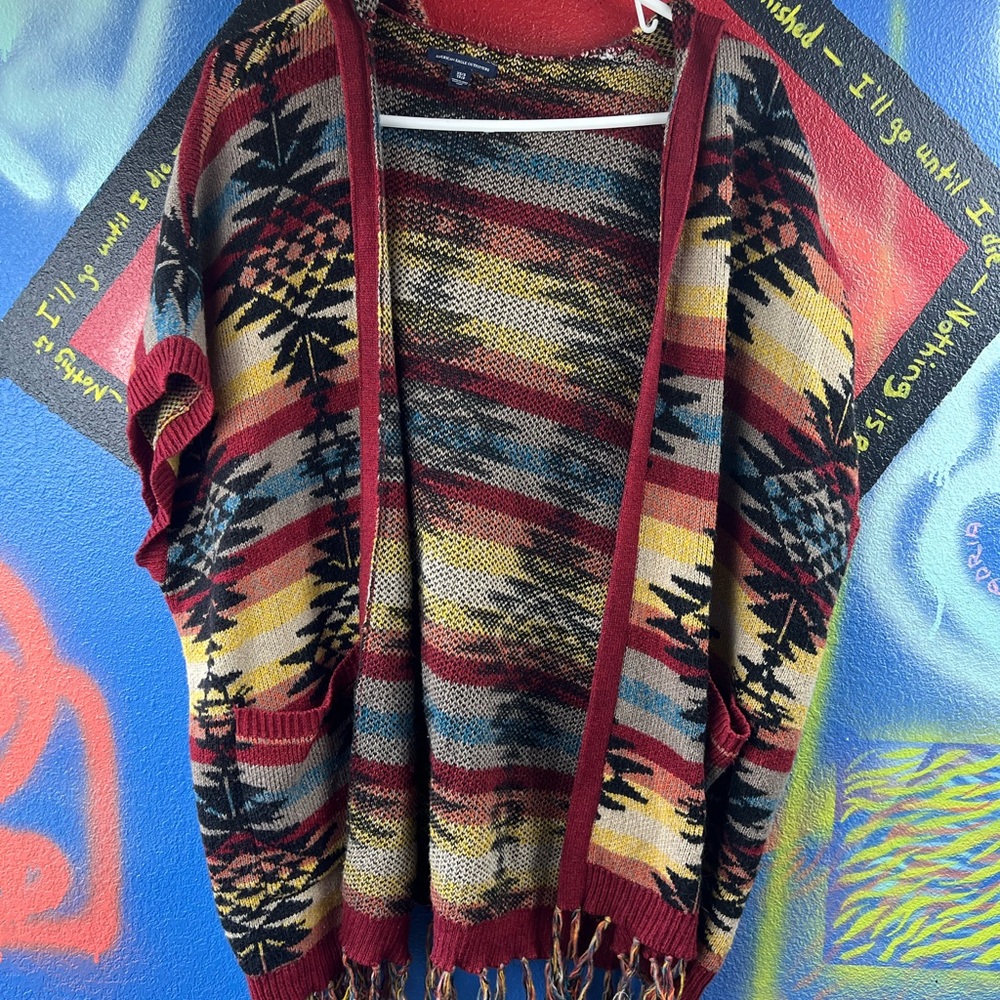 Boho Chic American Eagle Outfitters Red and Yellow Patterned Poncho Sweater